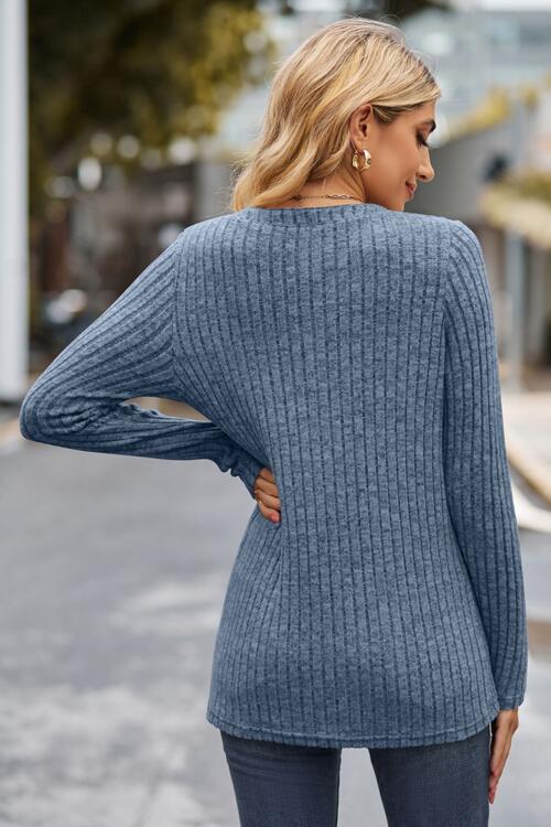 Ribbed Half Button Long Sleeve Knit Top