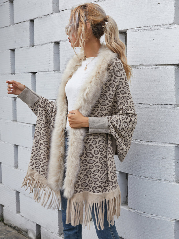 Leopard Sweater Fur Collar Cardigan Shawl Knitted Jacket - Ruby's Fashion