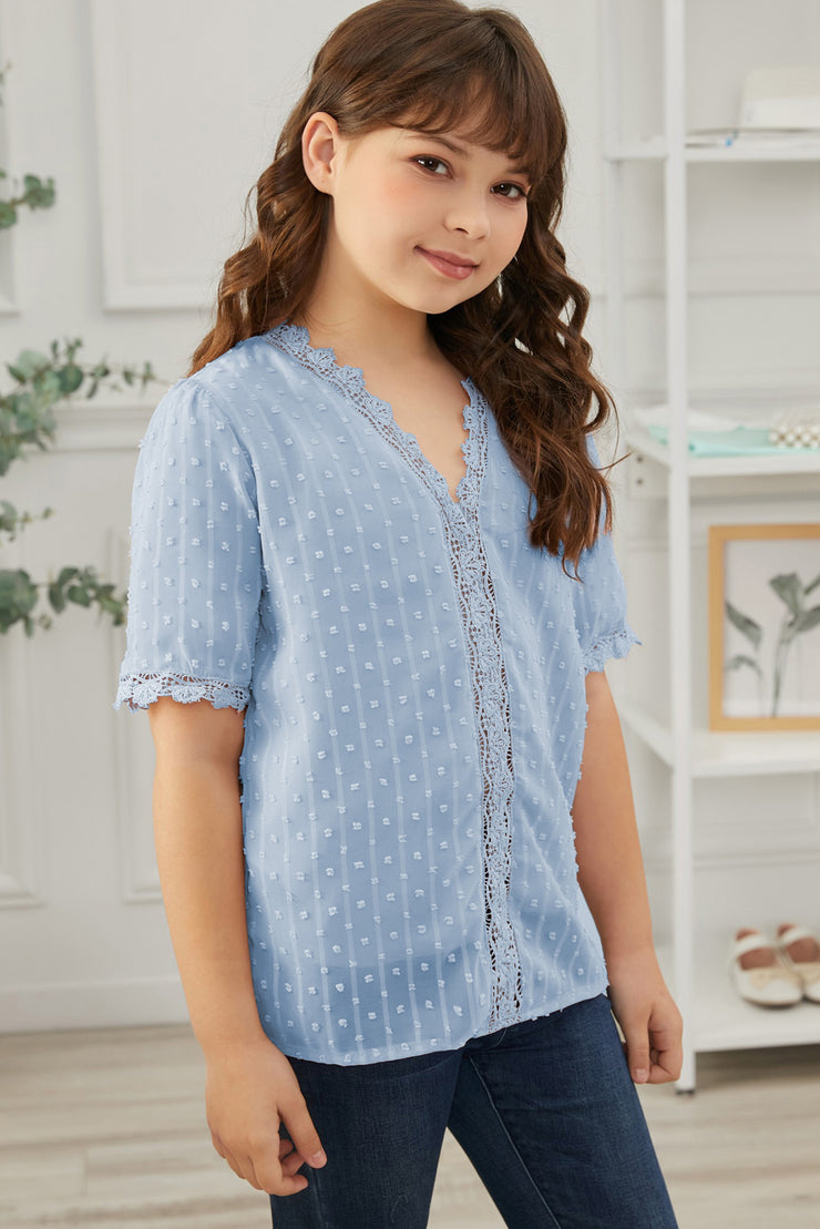 Girls Swiss Dot Spliced Lace Blouse - Ruby's Fashion