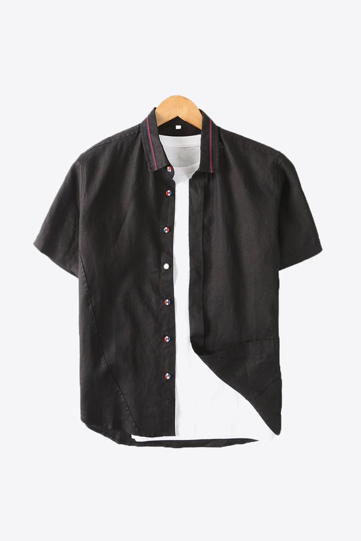 Buttoned Collared Neck Short Sleeve Linen Shirt