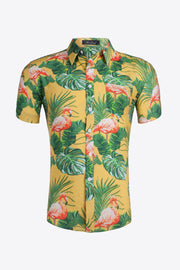 Tropical Pattern Button-Up Collared Beach Shirt