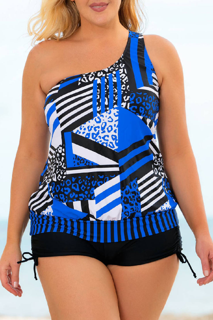 Plus Size Patchwork Tied One-Shoulder Tankini Set - Ruby's Fashion