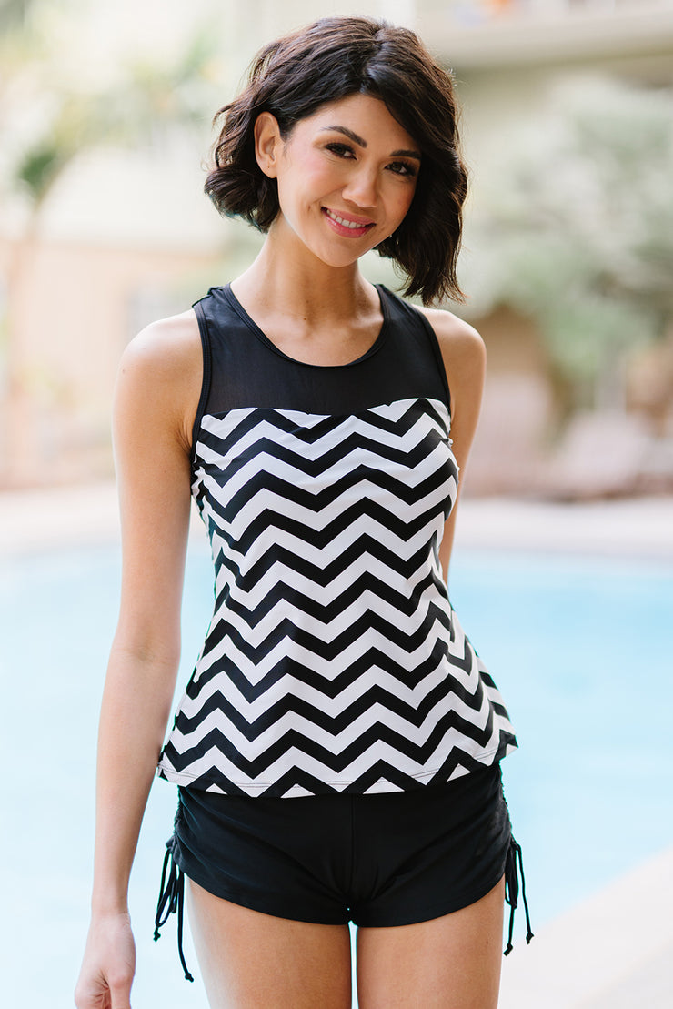 Full Size Chevron Print Ruched Tankini Set - Ruby's Fashion