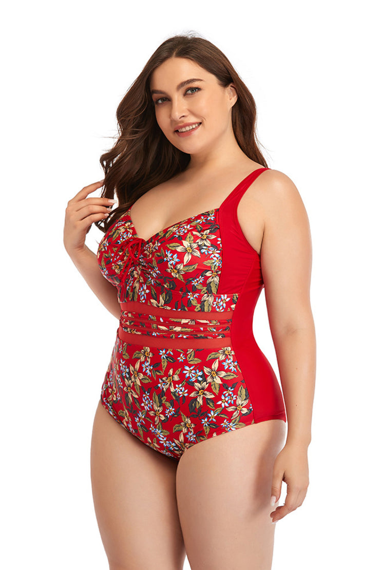 Floral Drawstring Detail One-Piece Swimsuit - Ruby's Fashion