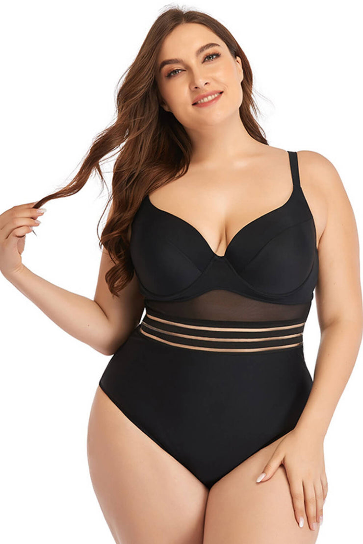 Plus Size Spliced Mesh Tie-Back One-Piece Swimsuit - Ruby's Fashion