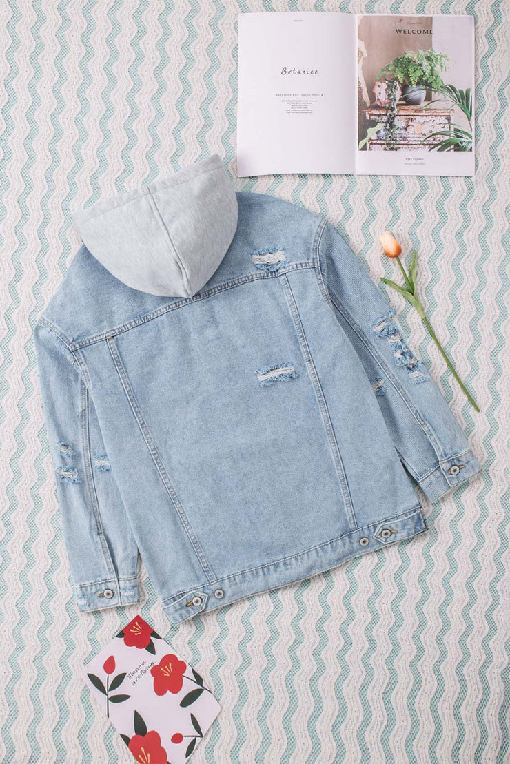 Distressed Hooded Denim Jacket - Ruby's Fashion