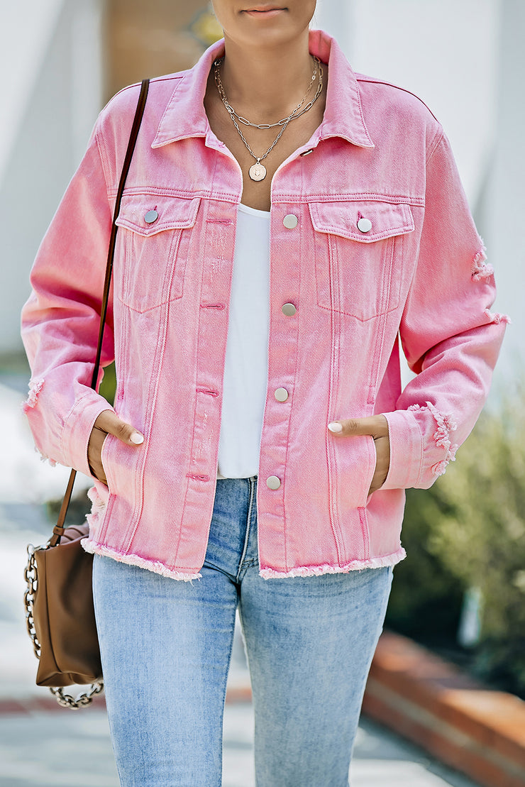 Distressed Raw Hem Denim Jacket - Ruby's Fashion