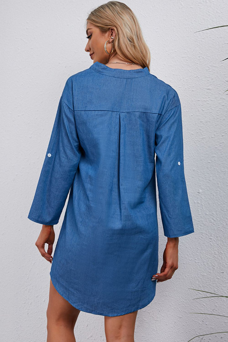 Half-Button Notched Neck High-Low Denim Dress - Ruby's Fashion