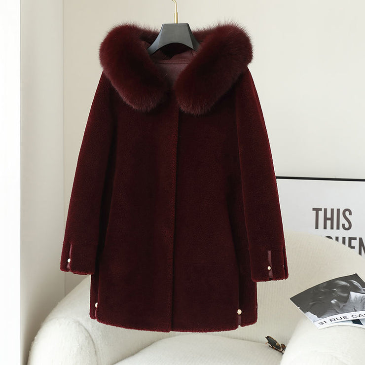 Women's Fox Fur Collar Hooded Sheep Shearling Coat - Ruby's Fashion