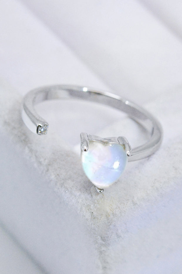 Inlaid Moonstone Heart Adjustable Open Ring - Ruby's Fashion