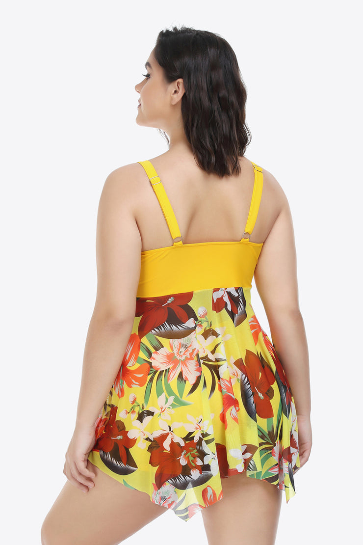 Plus Size Floral Two-Tone Asymmetrical Hem Two-Piece Swimsuit - Ruby's Fashion