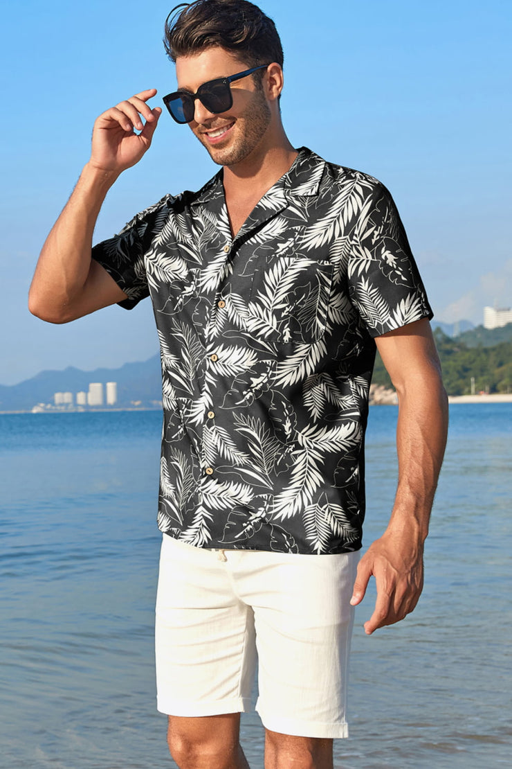 Botanical Print Lapel Collar Short Sleeve Shirt