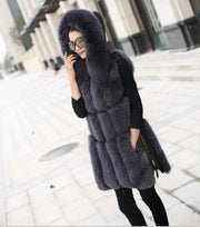 Faux Fox Fur Stitching Mid Length Coat - Ruby's Fashion
