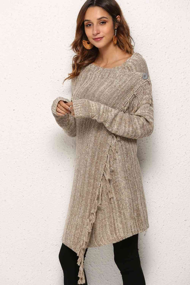 One-Button Tassel Tie Asymmetrical Hem Cardigan