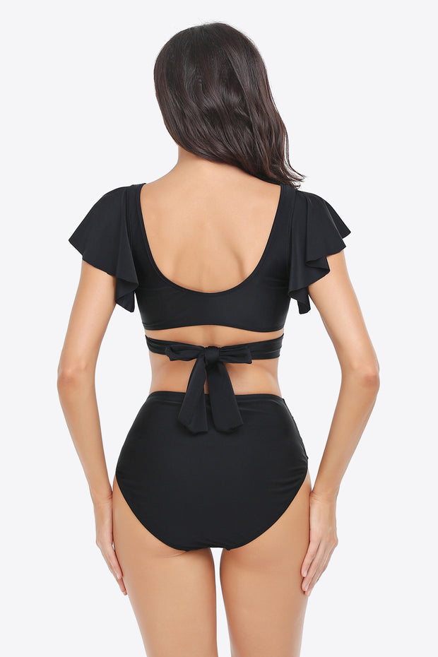 Two-Tone Flutter Sleeve Tied Two-Piece Swimsuit - Ruby's Fashion