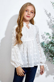 Girls Swiss Dot Spliced Lace Notched Blouse - Ruby's Fashion