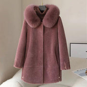 Women's Fox Fur Collar Hooded Sheep Shearling Coat - Ruby's Fashion