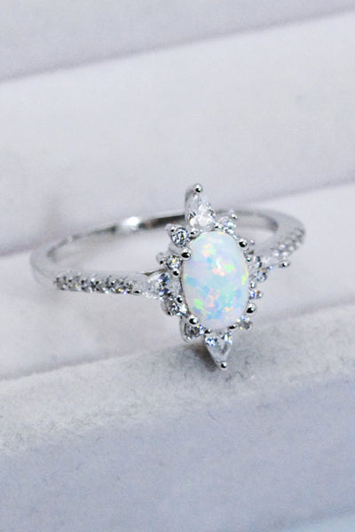 Platinum-Plated Opal and Zircon Ring - Ruby's Fashion