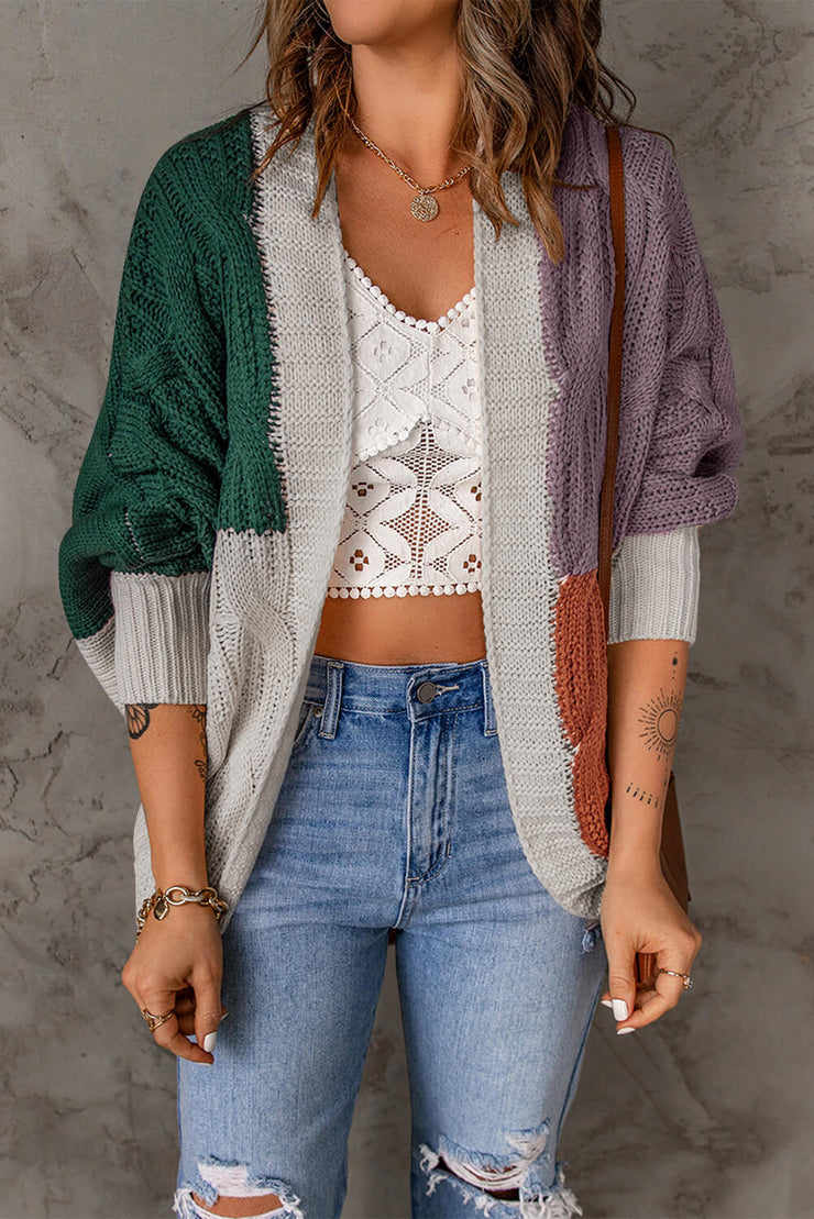 Color Block Cable-Knit Batwing Sleeve Cardigan - Ruby's Fashion