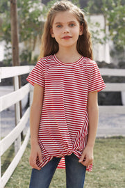 Girls Striped Round Neck Twisted Tee Shirt - Ruby's Fashion