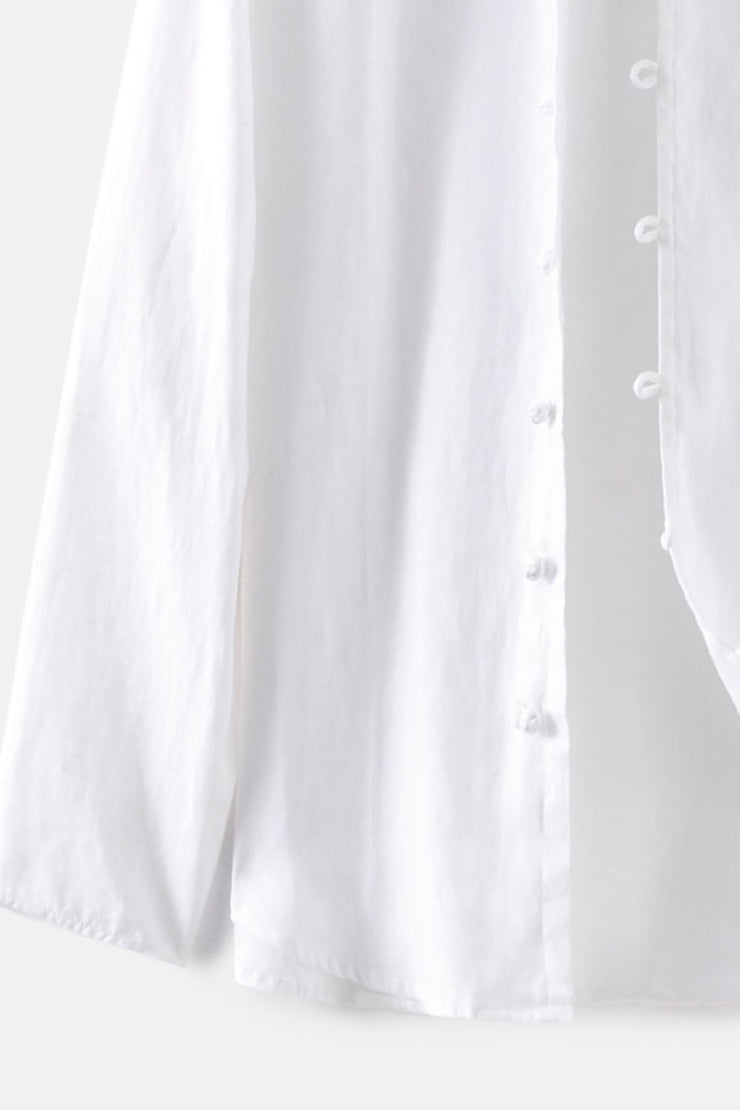 Buttoned Round Neck Long Sleeve Linen Shirt