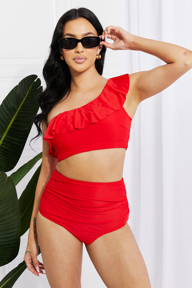 Marina West Swim Seaside Romance Ruffle One-Shoulder Bikini in Red - Ruby's Fashion