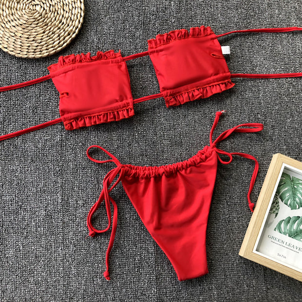 Frill Trim Ruched Bikini Set - Ruby's Fashion