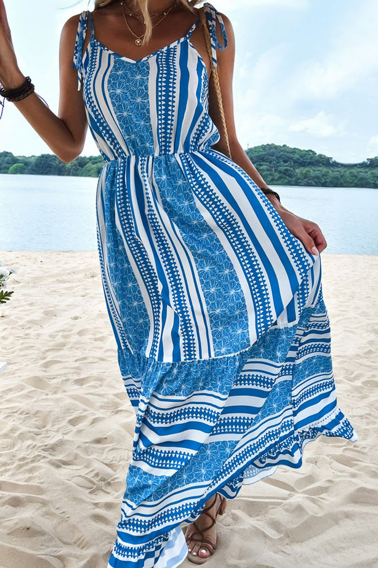 Mixed Print Tie-Shoulder Maxi Dress - Ruby's Fashion