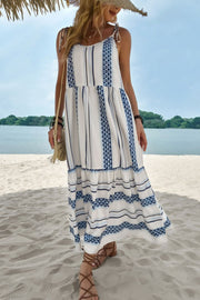 Geometric Print Tie-Shoulder Tiered Maxi Dress - Ruby's Fashion