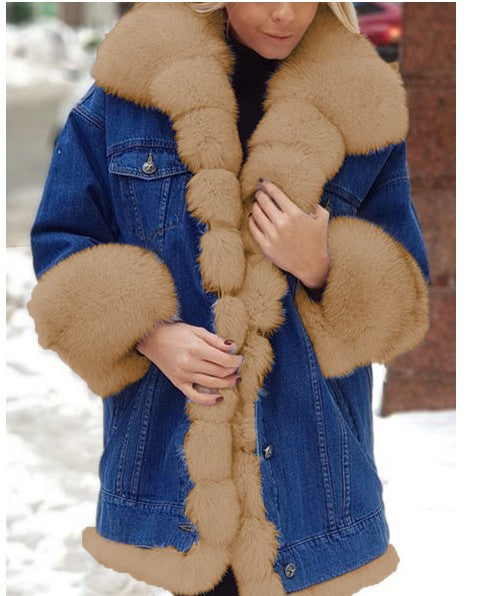 Ladies Fur One Denim Long Long Sleeve Coat - Ruby's Fashion