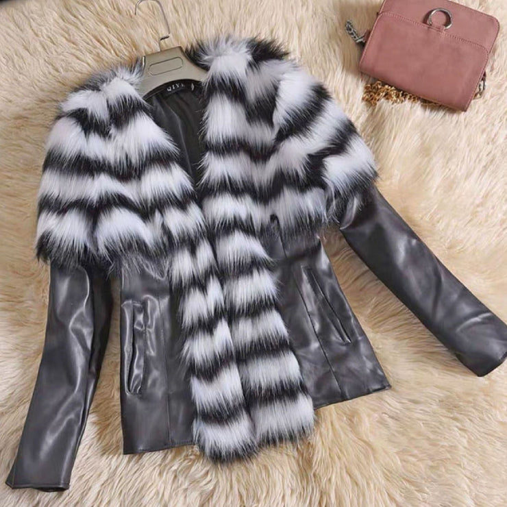 Faux Fur Slim Fit PU Leather  Fluffy coat - Ruby's Fashion