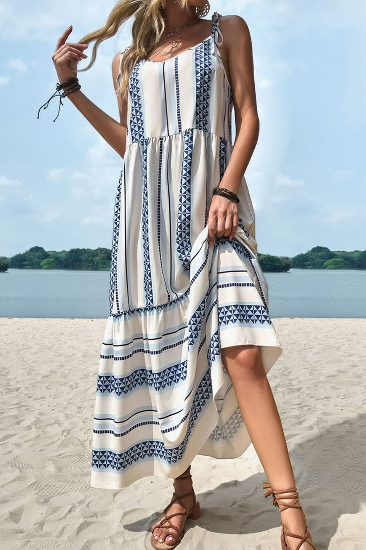 Geometric Print Tie-Shoulder Tiered Maxi Dress - Ruby's Fashion