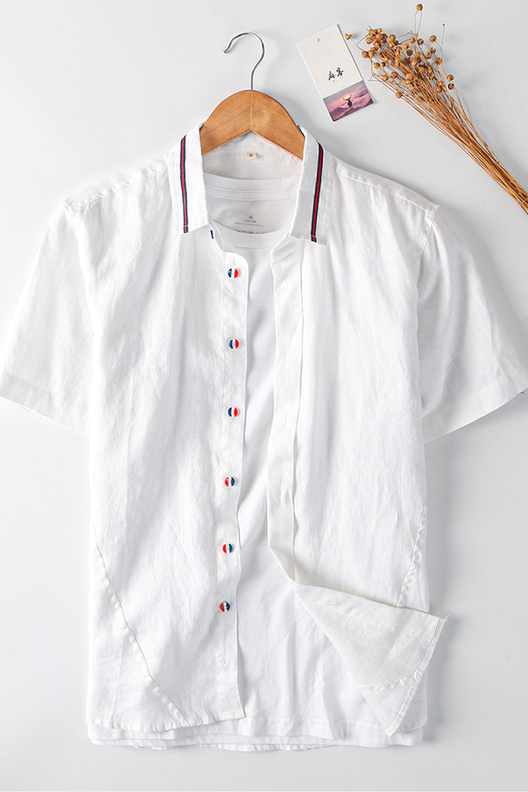 Buttoned Collared Neck Short Sleeve Linen Shirt