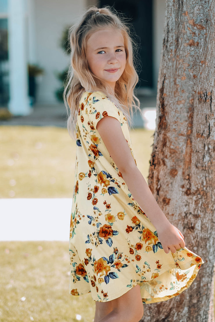 Girls Floral Round Neck Short Sleeve Dress with Pockets - Ruby's Fashion