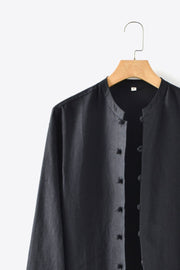 Buttoned Round Neck Long Sleeve Linen Shirt