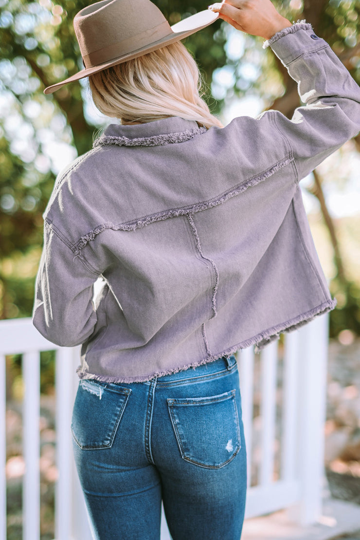 Frayed Trim Snap Down Denim Jacket - Ruby's Fashion