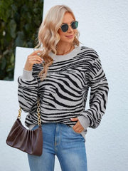 Animal Print Round Neck Dropped Shoulder Sweater