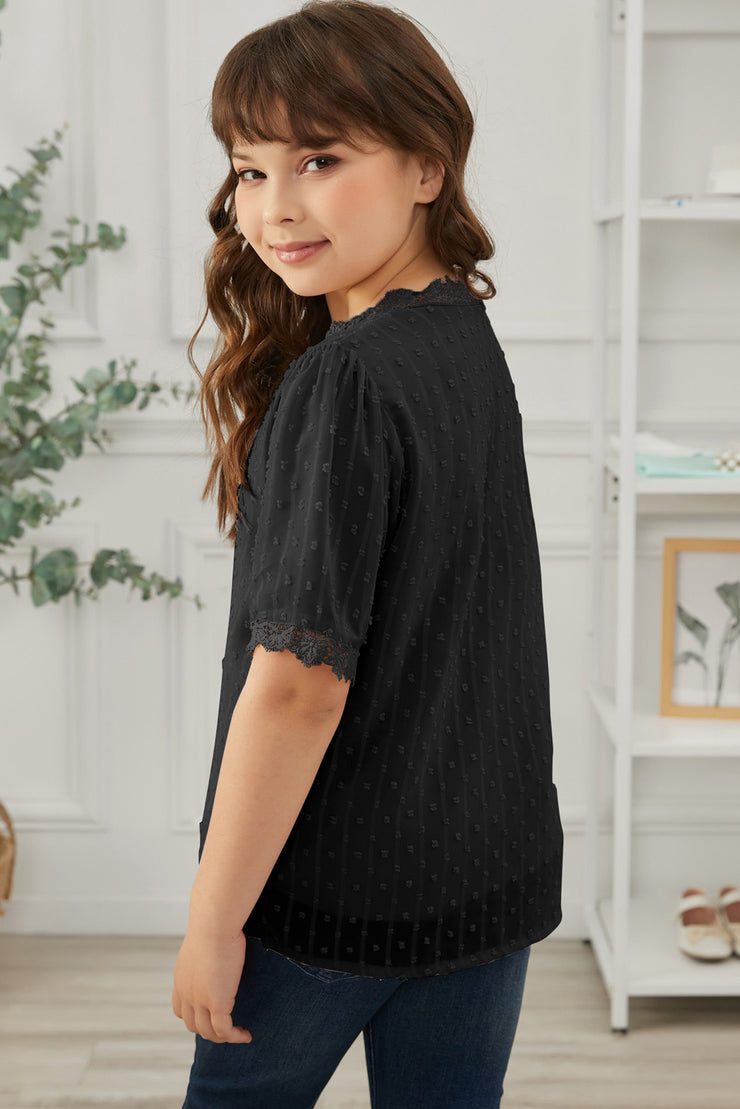 Girls Swiss Dot Spliced Lace Blouse - Ruby's Fashion