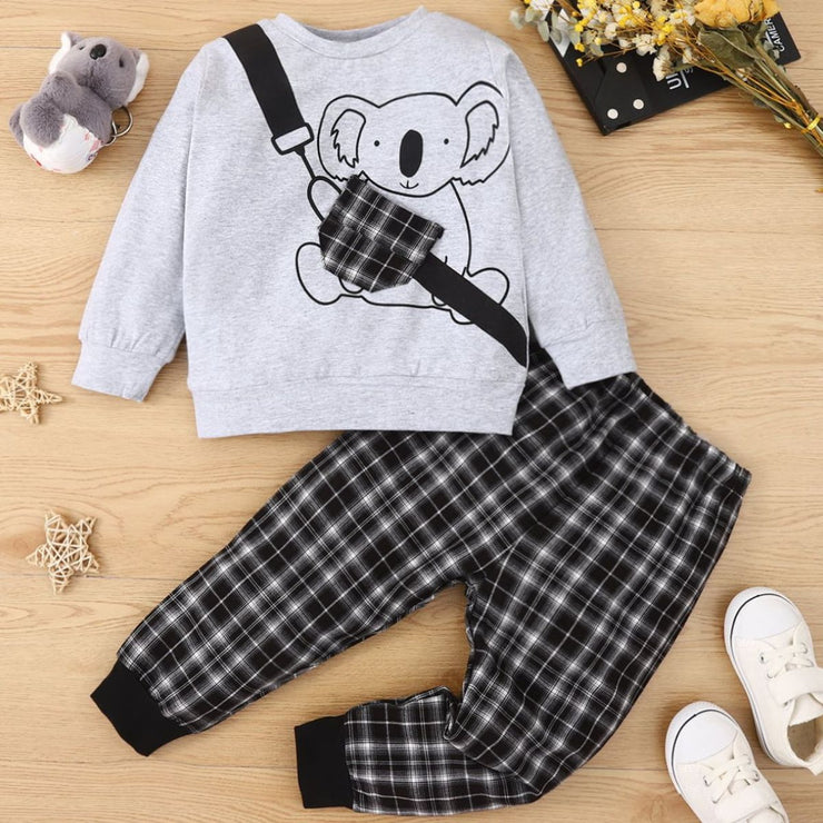 Kids Animal Graphic Sweatshirt and Plaid Joggers Set - Ruby's Fashion