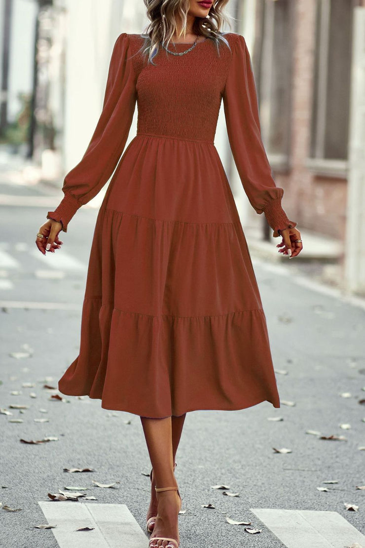 Smocked Long Puff Sleeve Tiered Midi Dress