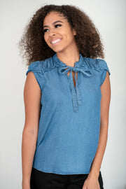 SHOPIRISBASIC Getting To Know You Tie-Front Denim Top - Ruby's Fashion