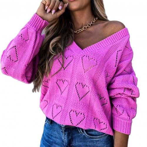 Women Autumn Winter Love Heart Hollow Crochet Sweater Loose V Neck Long Sleeve Casual Knitwear Jumper Rose Red/Pink/Khaki/White - Ruby's Fashion