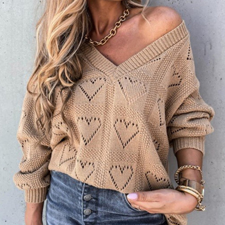 Women Autumn Winter Love Heart Hollow Crochet Sweater Loose V Neck Long Sleeve Casual Knitwear Jumper Rose Red/Pink/Khaki/White - Ruby's Fashion