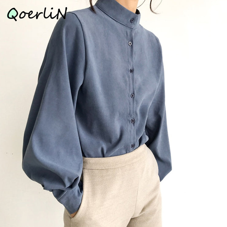 Big Lantern Sleeve Blouse Women Autumn Winter Single Breasted Stand Collar Shirts Office Work Blouse Solid Vintage Blouse Shirts - Ruby's Fashion