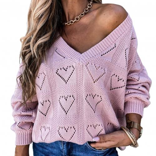 Women Autumn Winter Love Heart Hollow Crochet Sweater Loose V Neck Long Sleeve Casual Knitwear Jumper Rose Red/Pink/Khaki/White - Ruby's Fashion