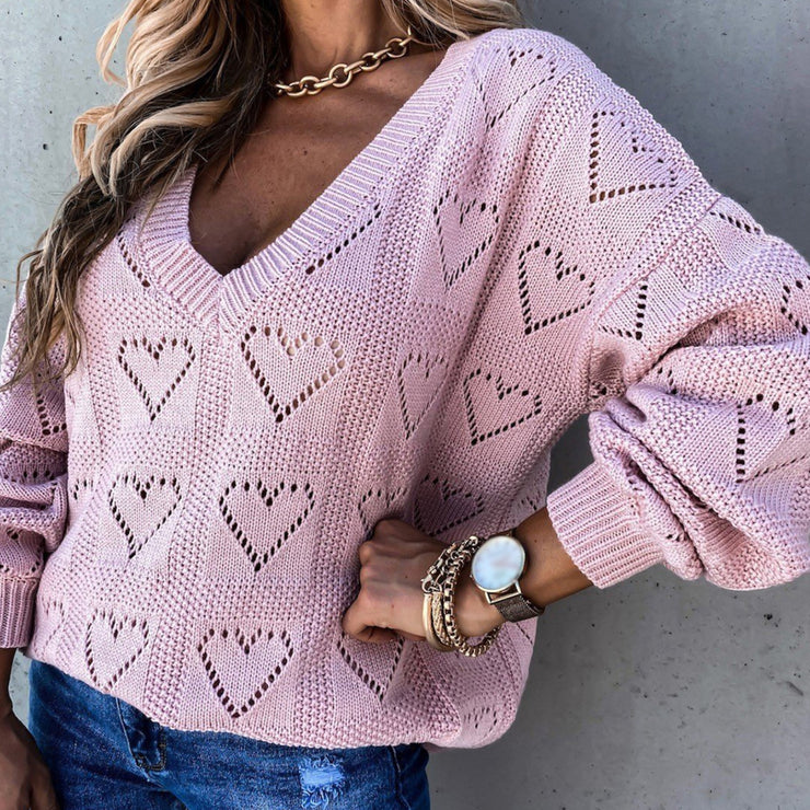 Women Autumn Winter Love Heart Hollow Crochet Sweater Loose V Neck Long Sleeve Casual Knitwear Jumper Rose Red/Pink/Khaki/White - Ruby's Fashion