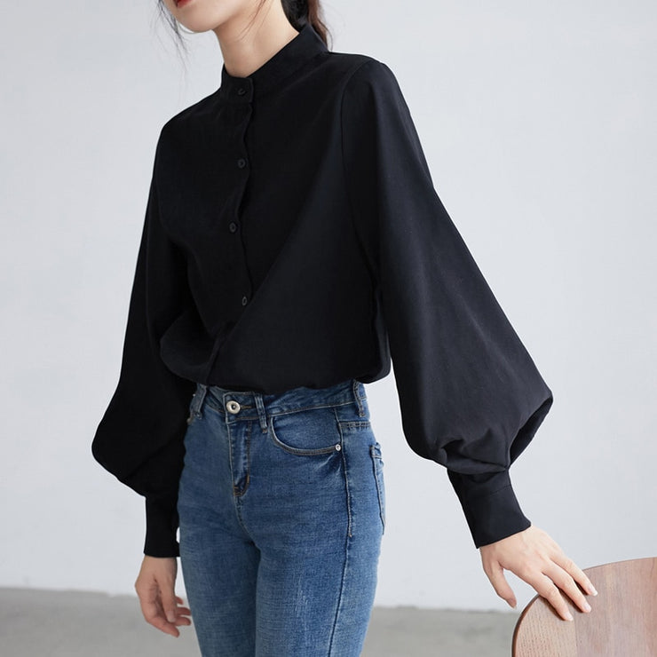 Big Lantern Sleeve Blouse Women Autumn Winter Single Breasted Stand Collar Shirts Office Work Blouse Solid Vintage Blouse Shirts - Ruby's Fashion