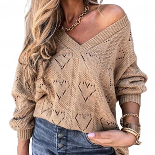 Women Autumn Winter Love Heart Hollow Crochet Sweater Loose V Neck Long Sleeve Casual Knitwear Jumper Rose Red/Pink/Khaki/White - Ruby's Fashion