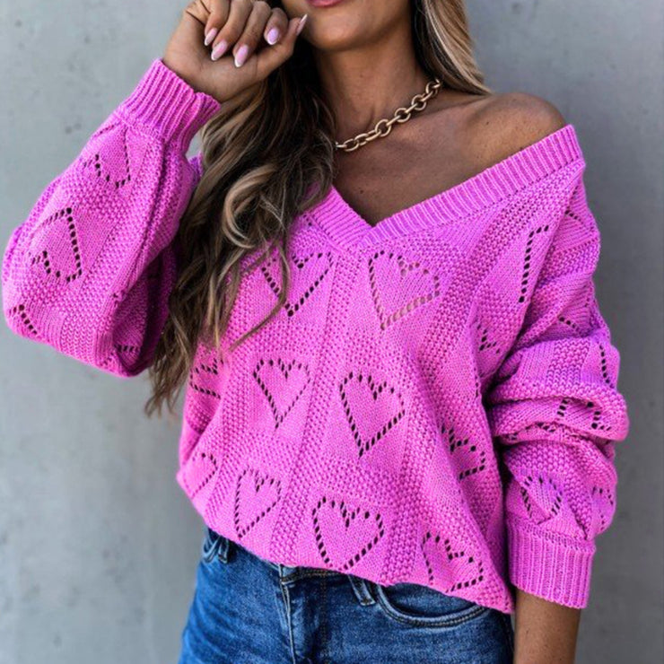 Women Autumn Winter Love Heart Hollow Crochet Sweater Loose V Neck Long Sleeve Casual Knitwear Jumper Rose Red/Pink/Khaki/White - Ruby's Fashion