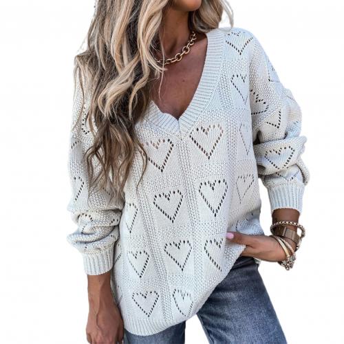 Women Autumn Winter Love Heart Hollow Crochet Sweater Loose V Neck Long Sleeve Casual Knitwear Jumper Rose Red/Pink/Khaki/White - Ruby's Fashion